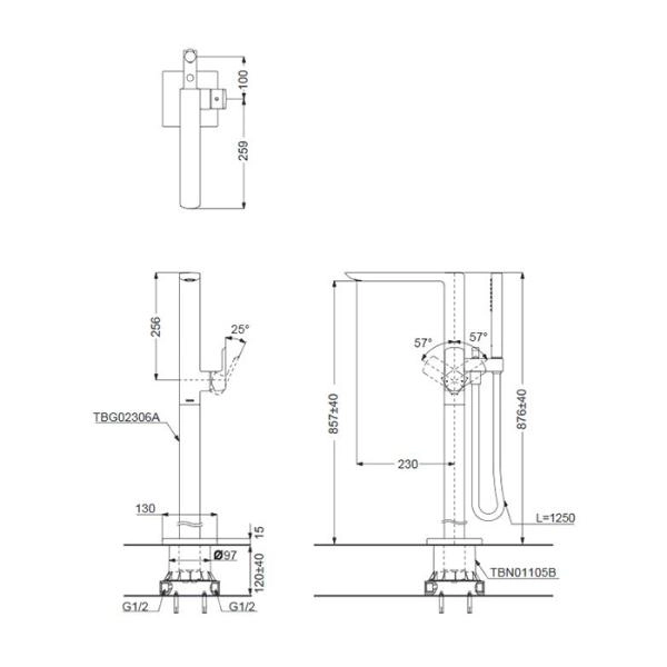 TOTO Jewelhex Смеситель для ванны 113x374x876мм, отдельностоящий с ручным душем, Active Wave, цвет: хром