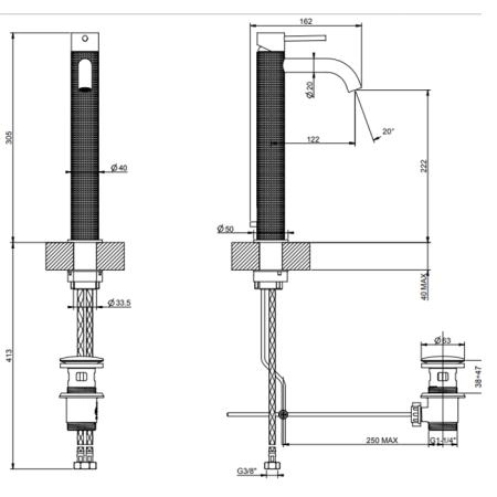 Gessi 316 Смеситель для раковины на 1 отв., высокий, h:305мм, с донным клапаном, излив: 123мм, цвет: brushed black metal pvd