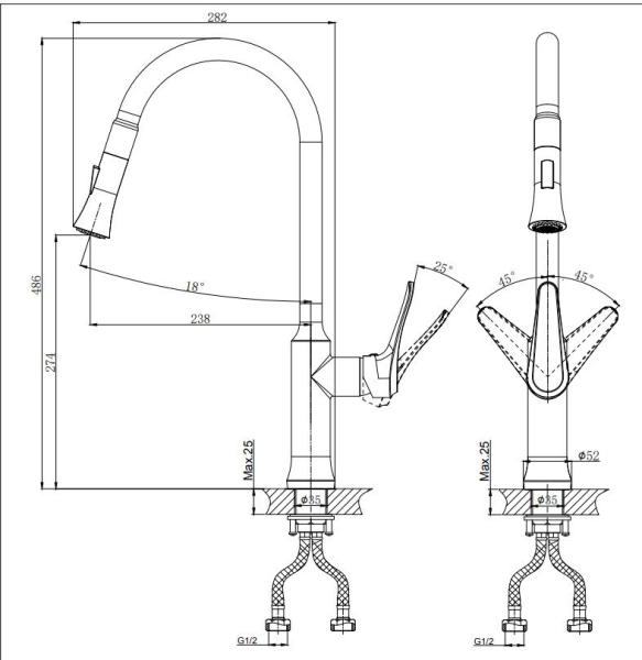 Смеситель для кухни RUSH Jawa с поворотным изливом и вытяжной лейкой (JA0735-24)