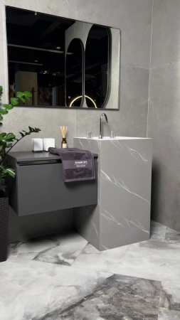 Раковина напольная Boheme Cube Corian 480*480*850 Grey base+white veins 802-GR