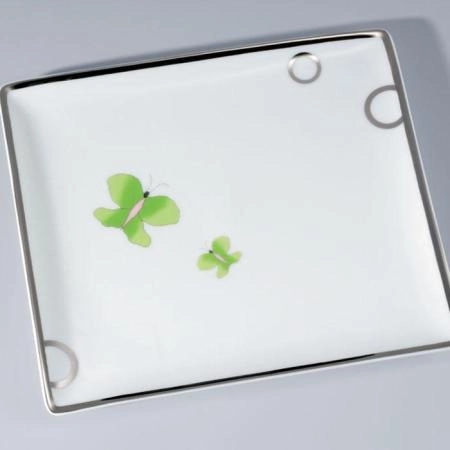 THG CAPUCINE VERT DECOR PLATINE Поднос керамический 220х198 мм., настольный, large size, декор платина/зеленый, цвет: белый
