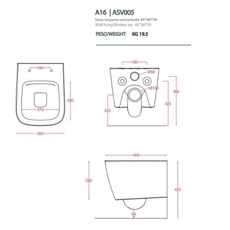 Artceram A16 MINI  Унитаз подвесной безободковый 36х45 см, с креплениями,  цвет белый.