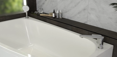 Ванна акриловая "РОНА 168х95" (правое исполнение), рама-подставка, фронтально-торцевая панель, слив-перелив автомат с сеточкой (хром, с сифоном)