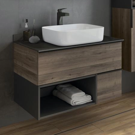 Тумба с раковиной Comforty Штутгарт-90 00-00002868 Дуб тёмно-коричневый с черной столешницей c раковиной COMFORTY T-Y9378
