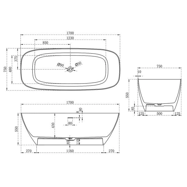 Ванна Vincea VBT-6S02MW 1700х720х550 Solid Surface белый матовый
