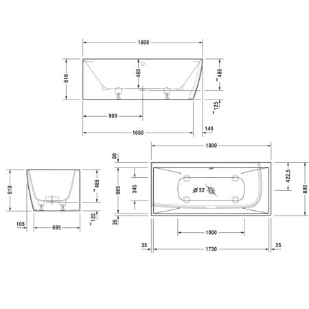 Duravit Vitrium Ванна встраиваемая 180x80см, Sx, с ножками, с2 наклонами для спины, прямоугольная, цвет: синий матовый
