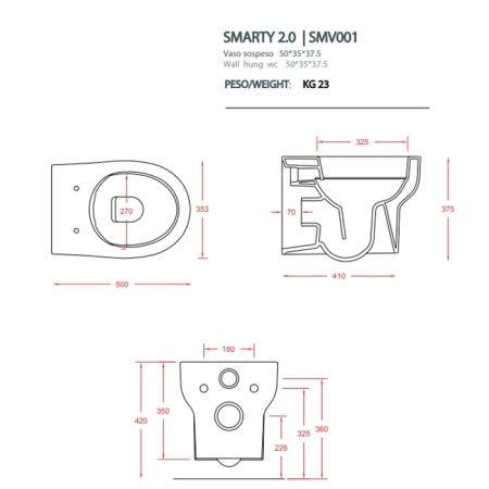 ARTCERAM/HIDRA SMARTY Унитаз подвесной безободковый 37х50 см, цвет: белый