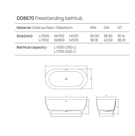 Dea Design Edge Ванна 170x80xh57.5см, отдельностоящая, цвет: белый