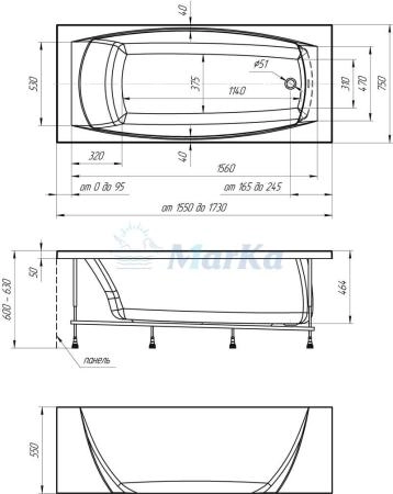 Ванна 1Marka PRAGMATIKA 173x75 см без гидромассажа
