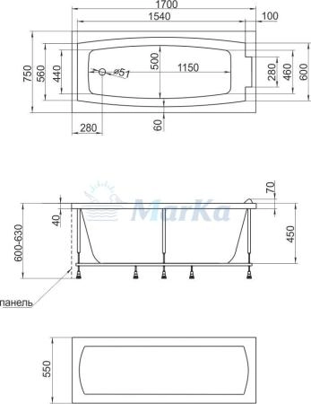 Акриловая ванна 1Marka Aelita 170х75 см без гидромассажа