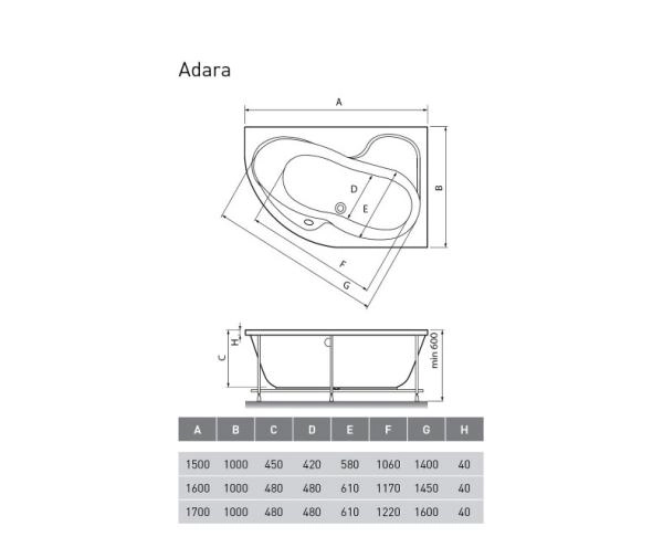 Акриловая ванна Relisan Адара 170X100L см левая