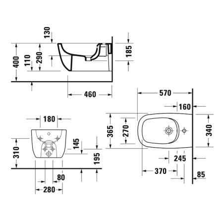 Duravit Aurena Биде подвесное 36.5x57cм, с креплением, цвет: белый глянец