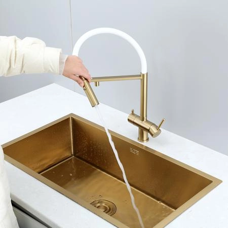 Смеситель GAPPO G4397-83 для кухни с гибким изливом и подключением фильтра, золотой сатин