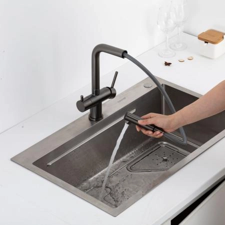 Смеситель GAPPO G4397-79 для кухни с выдвижным изливом и подключением фильтра, оружейная сталь