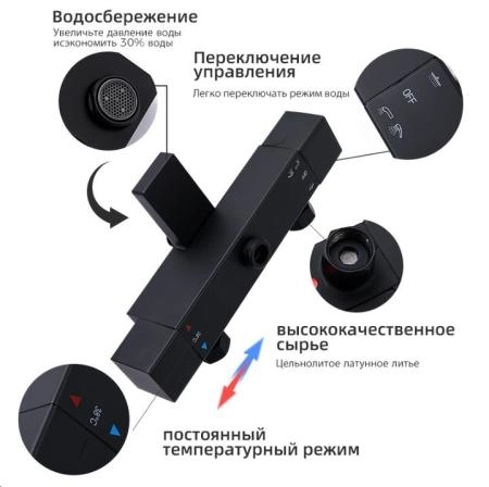 Душевая система Gappo G2417-60 термостат с изливом черный верхний душ 30x30