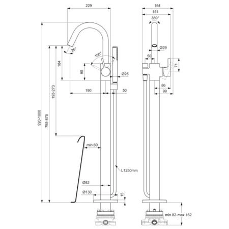Ideal Standard Joy Смеситель для ванны, напольный, с ручным душем, цвет: PVD Silver Storm (Серебряный Шторм)