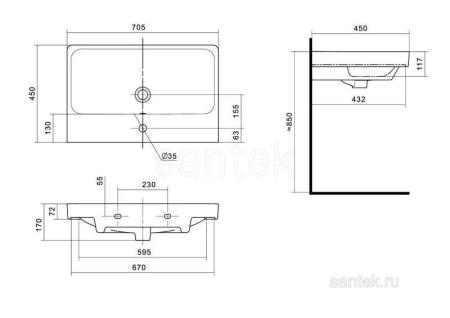 Раковина Santek Адриана 70 1WH501628 отверстие под смеситель