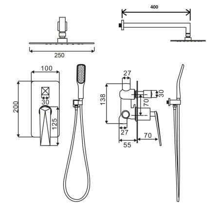 Смеситель встроенный + верхний душ + ручной душ Boheme БЕЛЫЙ+ХРОМ 374-W