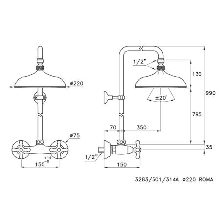 Stella Roma Душевой комплект 3283/301/314A-220: смеситель, штанга+ручной+верхний душ 220мм, цвет: хром