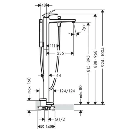 Hansgrohe Metropol Смеситель для ванны, на 1 отв, напольный, с ручным душем, излив 235мм, цвет: шлифованный черный хром