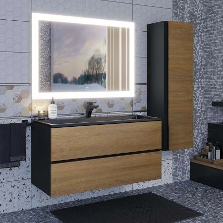 Тумба с раковиной для ванной для ванной Uperwood Barsa 100 см, раковина черная, подвесная тумба черная/дуб сонома