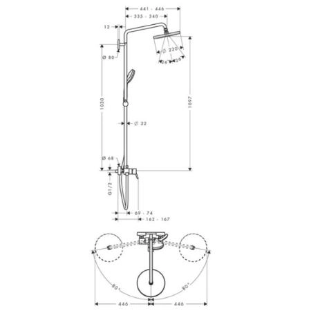 Hansgrohe Croma Душевая система Showerpipe: верхний душ 220 1jet, ручной душ, смеситель для душа, штанга для душа, держатель для душа, цвет: хром