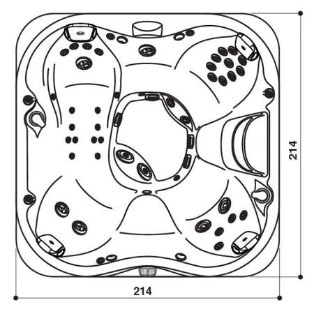 Jacuzzi J355 Минибассейн 214х214х94см, отдельностоящий, каскад, посветка, нагреватель, массажный подголовник, панель Brushed gray, цвет акрила: Platinum