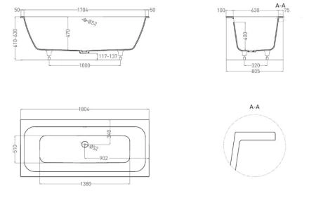 Ванна Salini ORLANDA AXIS 180x80 S-Sense глянцевая 103212G
