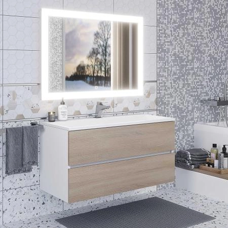 Тумба с раковиной для ванной для ванной Uperwood Barsa 100 см, раковина белая, подвесная тумба белая/дуб сонома
