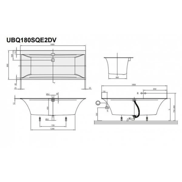 Ванна Villeroy&Boch SQUARO EDGE 12 UBQ180SQE2DV-01 180X80см белый Альпин, с ножками