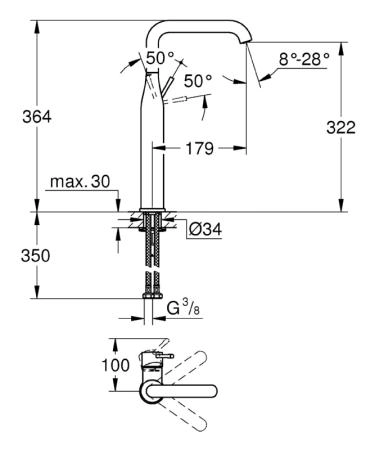 Смеситель Grohe Essence+ 32901001 однорычажный для свободностоящей раковины U-излив, гладкий корпус
