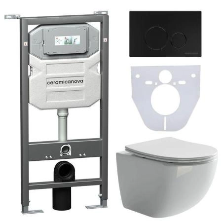 Сет 4 в 1: Подвесной унитаз Forma Rimless арт. CN3009 + Шумоизоляционная панель для инсталляции арт. CN1000 + Система инсталляции для унитазов CERAMICANOVA Envision с кнопкой смыва Round цвет черный матовый и креплениями, арт. CN1001B