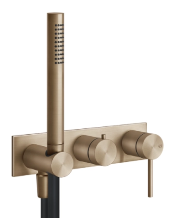 Gessi Bath-Shower 316 смеситель встр-й, однорыч-й, дивертор на 2 выхода, подсоед-е с держ-м, шланг 1500 мм, внеш часть, цвет Warm Bronze Brushed PVD