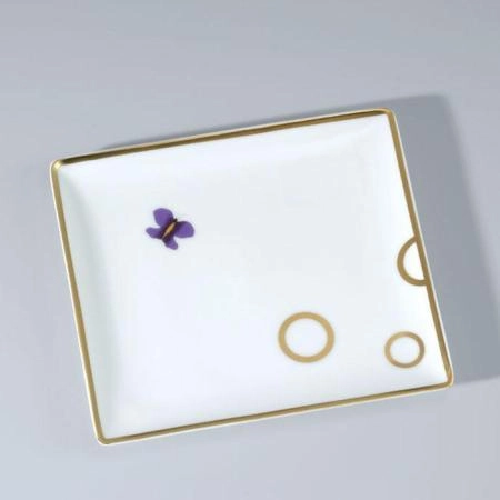 THG CAPUCINE MAUVE DECOR OR Поднос керамический 122х110 мм., настольный, small size, декор золото/лиловый, цвет: белый