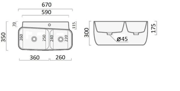 Раковина Cerutti SPA Double MARCO CT9282 (670x350x300) подвесная