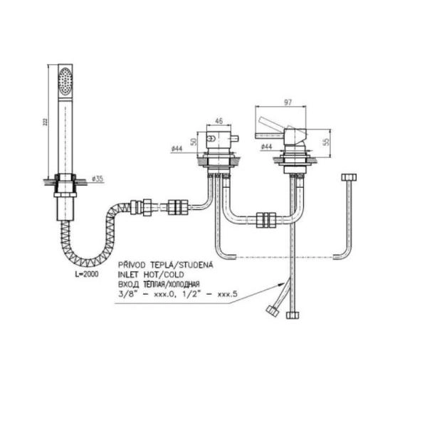 Смеситель Rav Slezak SEINA SE975.5P для ванны, цвет Хром на 3 отверстия с керамическим переключателем MD0448, шланг с пружиной длиной 2м