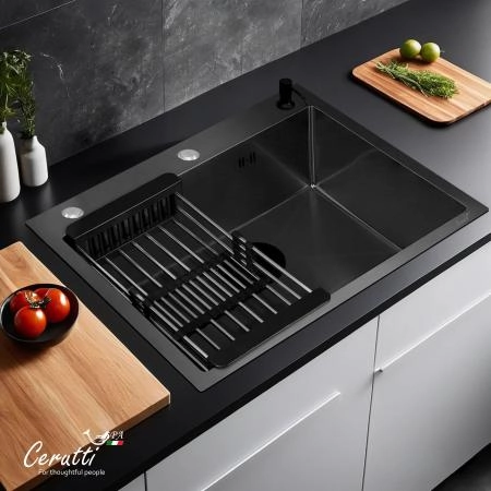 Кухонная мойка CeruttiSPA ГЛОРИЯ (GLORIA) 60B nano black (графит) из нержавеющей стали (600х500х220)