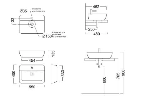 Раковина Kerama Marazzi PLAZA ПЛАЗА PLR.wb.55.1 накладная 55, белая глянцевая