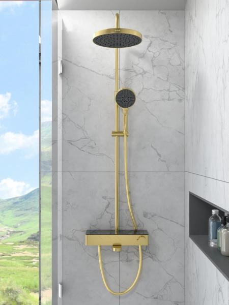 Душевая система VitrA Core Round A4730925EXP с термостатическим смесителем и ручным душем брашированное золото