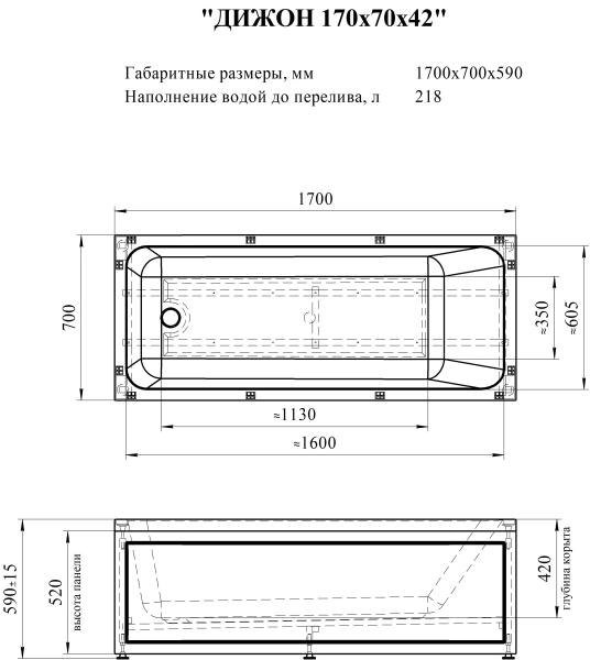 Акриловая ванна Дижон 170х70, каркас (разборный)