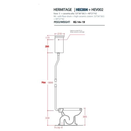 Artceram HERMITAGE Унитаз приставной слив в стену, 36х55см, с крепежом в комплекте, цвет белый с бачком с высокой трубой, цвет: золото