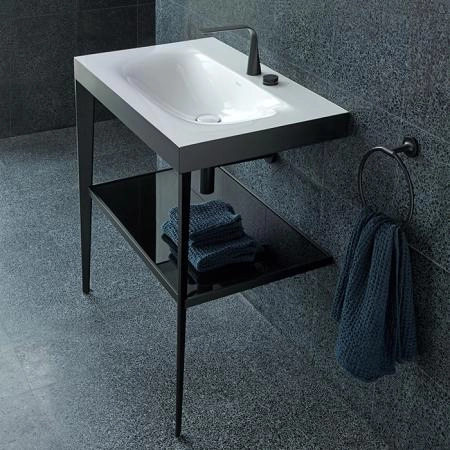 Duravit XViu Консоль напольная, 850x800x480мм с полкой, с раковиной без перелива, 2 отв., цвет: black matt/black high gloss lacquer