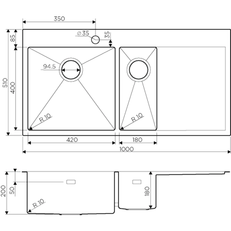 Кухонная мойка Omoikiri Akisame 100-2-GM-L 4973103, 1000x510, вороненая сталь