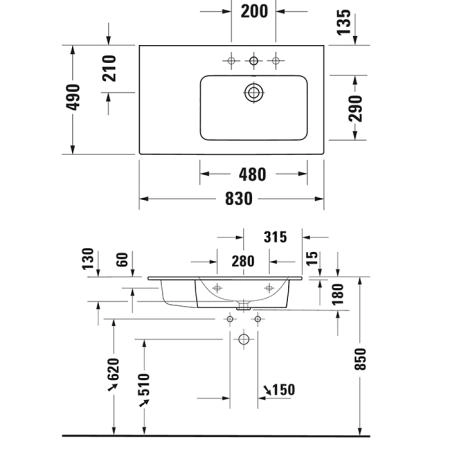 Duravit ME by Starck Раковина подвесная 83х49см, 1 отв., с переливом, полка слева, цвет: белый