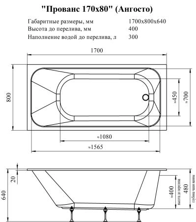 Акриловая ванна Прованс 170х80 Ангосто, установочный комплект