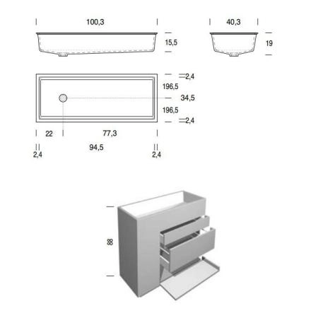 NOORTH milldue edition TOUCH Комплект мебели 100х40х88см, напольный, 3 ящика, слив в пол, раковина Milltek, смеситель H2O, цвет: Fango матовый