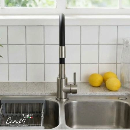 Cмеситель для кухни Ceruttispa Атэна BN-B (ATENA BN-B) из нержавеющей стали, цвет матовый никель, излив черный