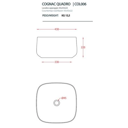 ArtCeram Cognac Раковина накладная Quadro, 43x43хh22,5см, без отв под смеситель, без перелива, цвет: nero roma