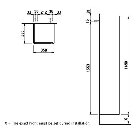 Laufen Base FOR INO Высокий шкаф 35x33x165см, 1 дверца, ручки из анодированного алюминия, SX, 1 фиксированная полка и 4 стеклянных, цвет: светлый вяз