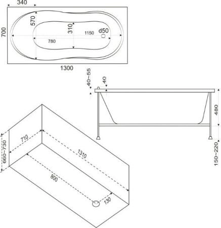 Ванна Bas Лима 130x70 без гидромассажа